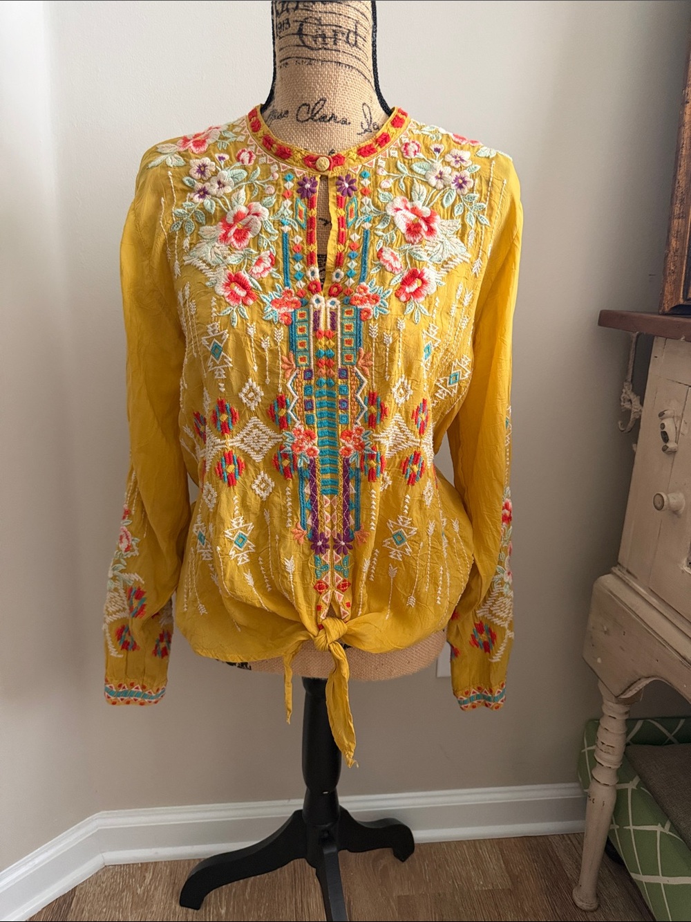 Johnny Was Mustard Embroidered Tie-Hem Tunic